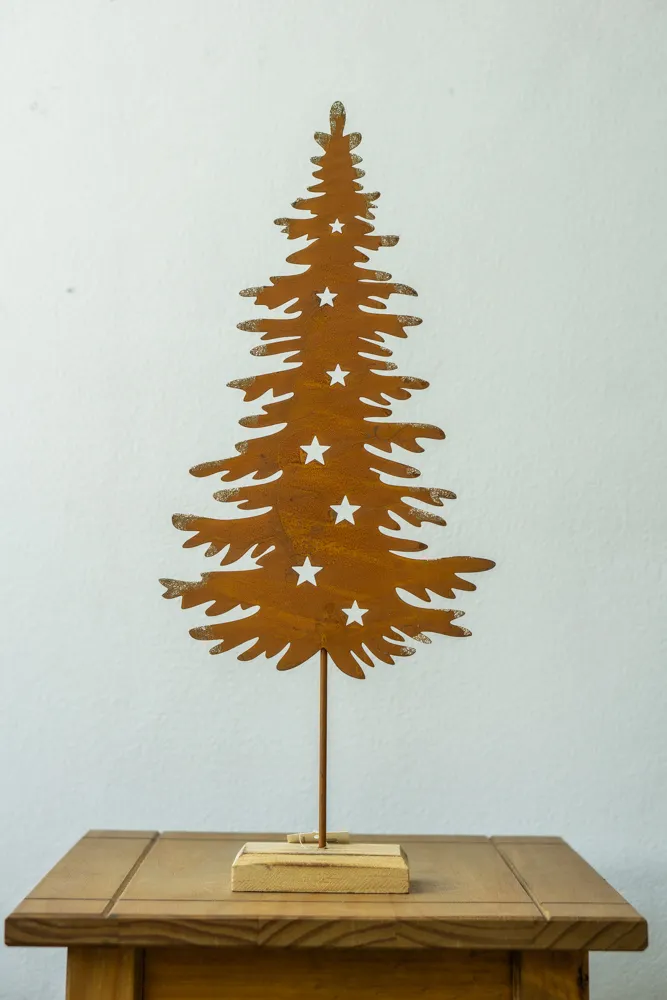 Hrdzavý stromček na drevenom stojane so zlatým lemovaním 44,5x19cm